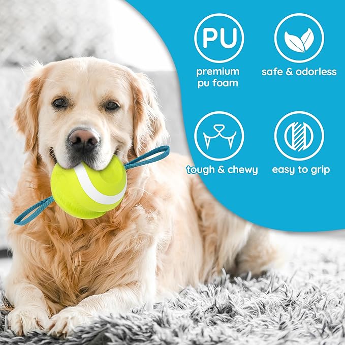 LECHONG Dog Balls with Straps for Tugging 2 Pcs, Interactive Dog Toys, Puppy Toys to Keep Them Busy, High Bouncy Balls for Dogs, Tennis Ball Base Ball Toys