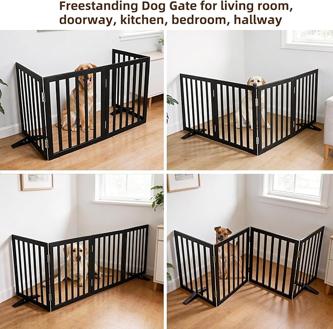 ZJSF Freestanding Indoor Dog Gate for House Foldable Wood Puppy Gate for Doorways Pet Gate for Stairs Extra Wide Pet Fence, Black, 24" Height 4 Panels