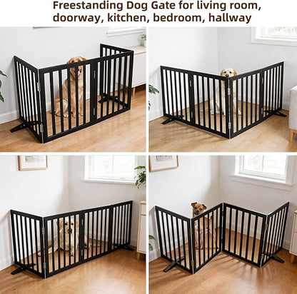ZJSF Freestanding Indoor Dog Gate for House Foldable Wood Puppy Gate for Doorways Pet Gate for Stairs Extra Wide Pet Fence, Black, 32" Height 4 Panels