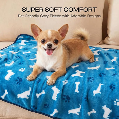 Luciphia 1 Pack 3 Dog Printed Fleece Pet Blankets Washable，Soft Warm Throw Covers for Crate Couch Bed，Cozy Puppy Essentials for Dogs and Cats， Blue/Grey/Khaki, Large (41x31 inch)