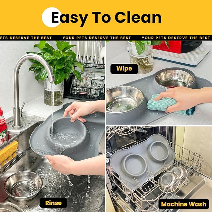Conlun Medium Pet Feeding Station, 29oz Stainless Steel Dog Bowls Set, No Spill Food & Water Dishes with Non Slip Silicone Mat for Breeds Up to 55 Lbs, Grey