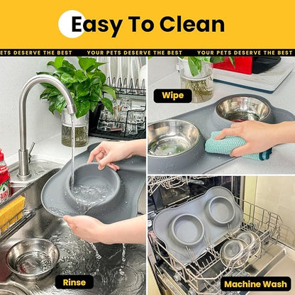 Conlun Dog Bowls with Non-Slip Silicone Mat, Spill Proof Large Food & Water Bowls Set, Easy Clean Dog Food Dish, Dishwasher Safe, Suitable for Dogs Cats Pet Under 90lbs, Large, Grey
