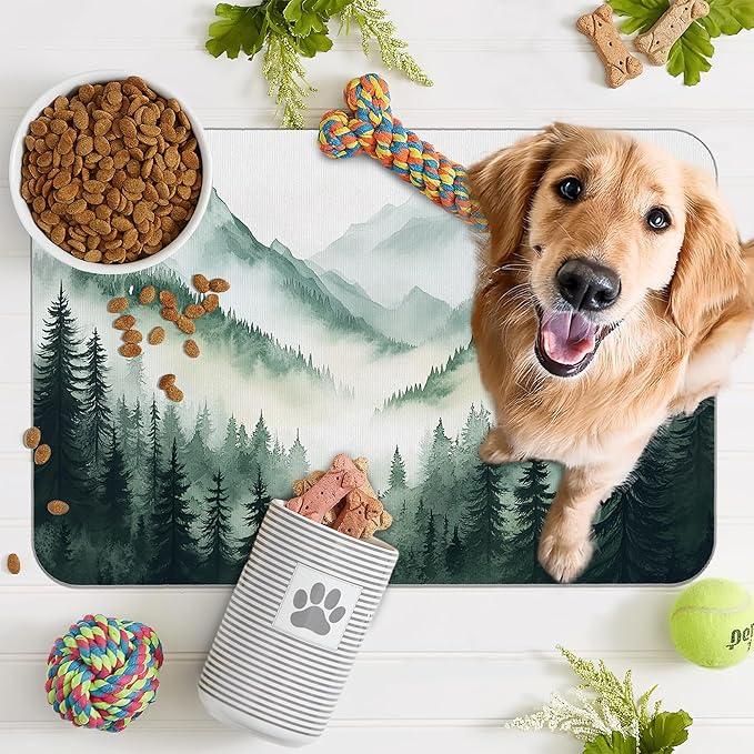 Misty Forest Mountain Dog Food Mat for Floors,Absorbent Quick-Dry Pet Feeding Mat,Cat Dog Bowl Mats for Food and Water,Non-Slip Pet Accessories Supplies 16"x24"