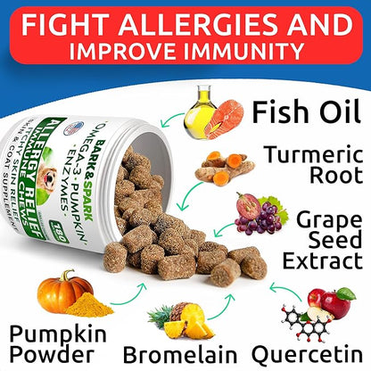 BARK&SPARK Dog Allergy Relief Soft Chews for Skin Health & Seasonal Allergies - Anti-Itch Supplement w/Omega-3, Quercetin & Bromelain Immune Treats for Dry Skin & Hot Spots - Chicken - 120ct