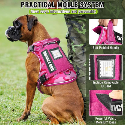 Tactical Service Dog Vest and Leash Set,Heavy Duty No Pull Dog Harness and 10 Patches with Dog Seat Belt for Large Dogs,Reflective Pet Harness for Training Walking Hiking Camo Pink XL