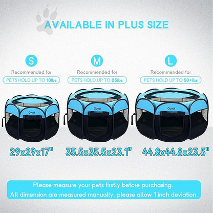 GOOZII Portable Dog Playpen Indoor Outdoor, Collapsible Pet Dog Playpen with Zipper Top Cover, Cat Puppy Bunny Kitten Exercise Play Pen Tent for Beach RV Car (Medium Size,Black Blue)