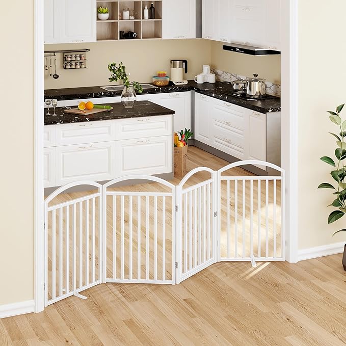 Folding No-Assembly Freestanding Dog Gate with Door,32" Heights Foldable Pet Fence,96" Extra Wide Accordion Puppy Folding Playpen for Doorways,House,Stairs (4 Panels,White)