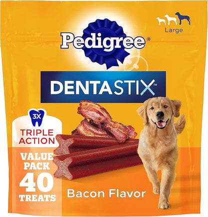Pedigree Dentastix Dog Dental Treats, Large Breed Dog Treats, Bacon Flavor, 2.08 lb. Bag (40 Treats Total)