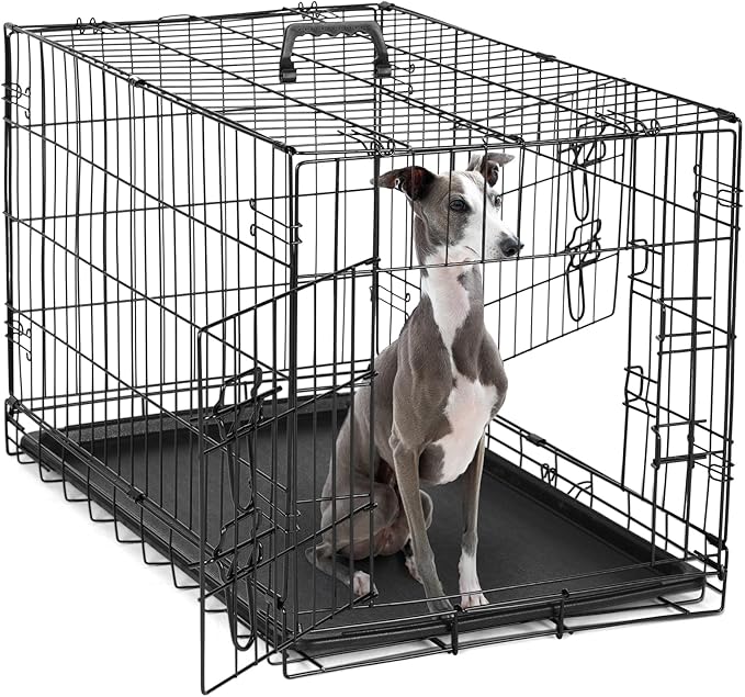 DUMOS Dog Crate, 36 Inch Medium Double Door Dog Cage with Plastic Leak-Proof Pan Tray, Folding Metal Wire Pet Kennel for Indoor, Outdoor, Travel