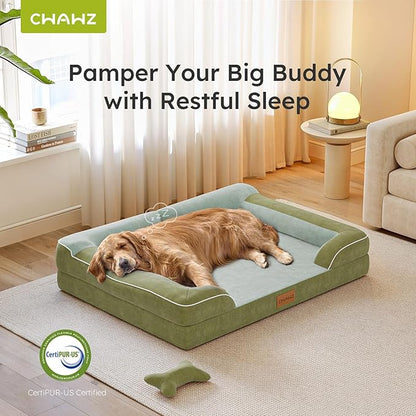 Dog Beds for Large Dogs, Orthopedic Dog Bed with Cooling Gel Memory Foam, Waterproof Large Pet Bed with Removable Washable Cover, 36" Pet Sofa Couch Dutch Velvet with Bone Toy, Dark Green
