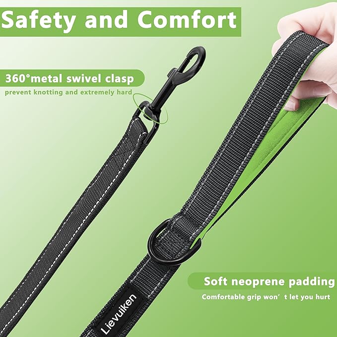 Dog Leash 6.5ft Long, Double Handle Dog Leash for Safety Control Training, Heavy Duty Dog Leads with Traffic Padded Handles, Reflective Leash for Small Medium Large Dogs(6.5ft, Black Green)