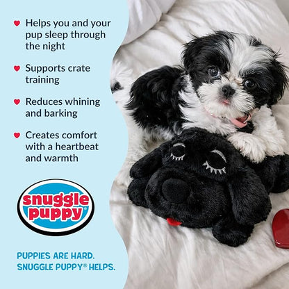 Snuggle Puppy Original Junior Heartbeat Puppy Toy for Small Breeds, Compact Plush Dog Toy with Real-Feel Pulse for Crate Time and Rest - Black