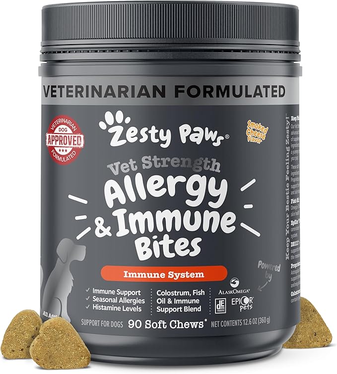 Zesty Paws Vet Strength Allergy Immune Bites - Dog Allergy Chews, Dog Probiotics for Itchy Skin and Ears, Smoked Cheese, 90ct