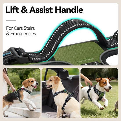 PHOEPET No Pull Dog Harness with Handle Front & Back Clip, Easy on Lockable Snap Buckle at Neck, Adjustable Reflective Vest with Handle for Small Medium Large Dogs (S, Misty Green)