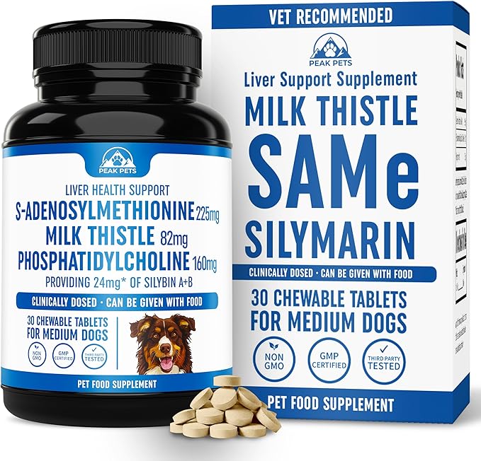 Liver Support Supplement for Medium Dogs with Silymarin (SAMe & Silybin) S-Adenosyl-L-methionine (SAM-e) & Silybum (Milk Thistle) Dog Liver Supplement - 3rd Party Tested, Non GMO - 30 Chewable Tablets