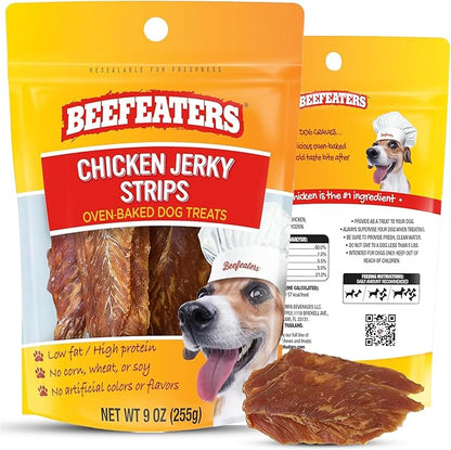 Beefeaters Chicken Jerky Strips for Dogs 9oz, 100% Real Chicken Breast, Oven-Baked, Grain-Free Dog Treats for Training & Rewards, High Protein, Low Fat, Resealable Bag, Allergy-Friendly