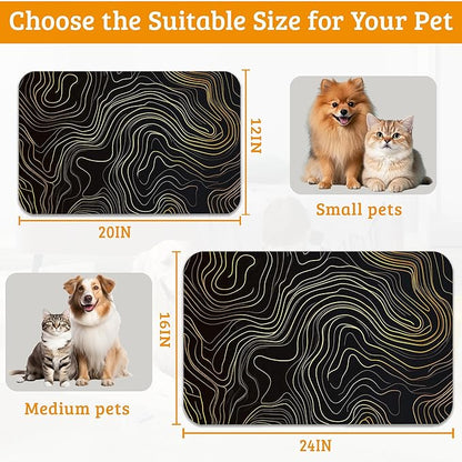 Dog Bowl Mat,Abstract Map Pet Feeding Mat for Floors Waterproof,Golden Lines Texture Absorbent Dogs Placemat for Food and Water Quick Dry Pet Cat Feeding Mats with Non Slip Bottom 12" x 20"
