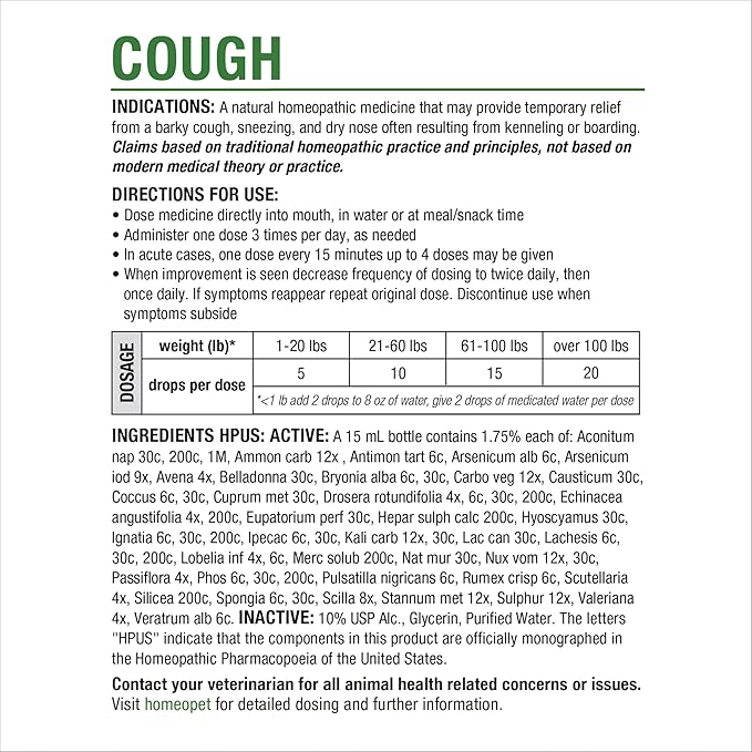 HomeoPet Cough, Safe and Natural Cough Supplement for Dogs, Cats, and Small Pets, 15 Milliliters