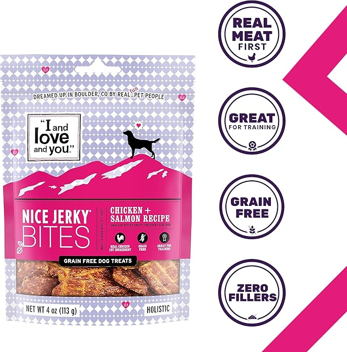 I AND LOVE AND YOU Nice Jerky Bites - Chicken + Salmon - Grain Free, Real Beef, Training Treat, Chewy Dog Treats, Filler Free, 4oz (Pack of 2)