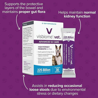 Visbiome® Vet Advanced GI Care High Potency Probiotic for Dogs & Cats – 225B CFU, 8-Strain Formula – Refrigerated, Veterinarian Recommended, Clean Label Certified – 60 Packets