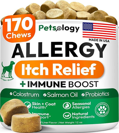 Dog Allergy Relief Chews - 170 Dog Allergy Chews - Itch Relief for Dogs - Omega 3 Fish Oil, Probiotics For Itchy Skin & Hot Spots Allergies, Paw Licking, Dry Skin & Coat Supplement - Beef Liver Flavor