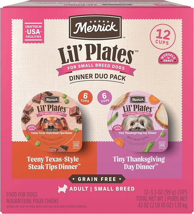Merrick Lil’ Plates Grain Free Dinner Duos Soft Natural Wet Small Dog Food Variety Pack, Beef and Turkey - (Pack of 1) 2.6 lb. Tubs
