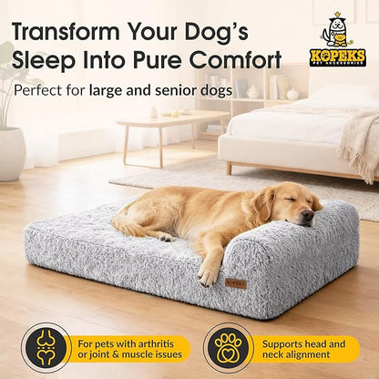 KOPEKS Orthopedic Memory Foam Dog Bed 7" Inch Thick Extra Large Dog Bed with Pillow Fluffy Grey 50"x34"x10" Includes Waterproof Liner & Durable Removable Cover with Smart Design