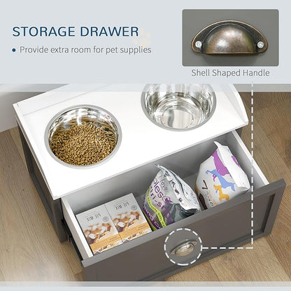 PawHut Feeding Station with Storage Drawer, Food Storage Cabinet with 2 Removable Elevated Bowls for Large Sized Dogs, Gray