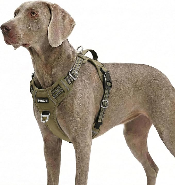 Funfox Dog Harness No Pull, Adjustable Pet Vest Harness, Super Soft Material with Vertical Handle Easy Control, Reflective Night Walking, 2 Leash Clips for XLarge Dogs, Army Green, XL