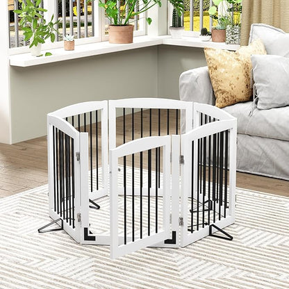 PUPETPO Freestanding Pet Gates with Walk Through Door, Dog Indoor Fence, Dog Gate for The House, Stairs, Extra Wide Pet Gate, Support Feet Included, 120 Inch Wide, 6 Panels 24" Tall, White & Black