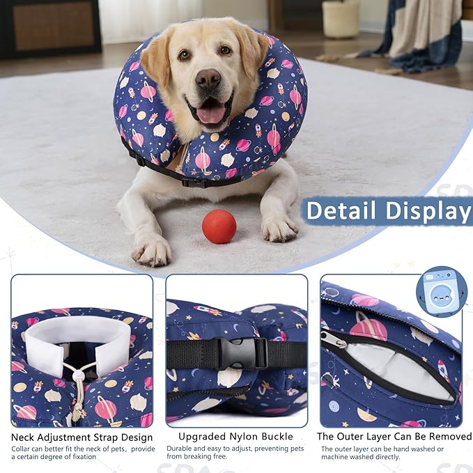 Inflatable Dog Cone Collar,Waterproof Soft Dog Donut Cone for Large Medium Small Dogs Cats, Recovery Pet E-Collar Alternatives After Surgery (Planet, Large)