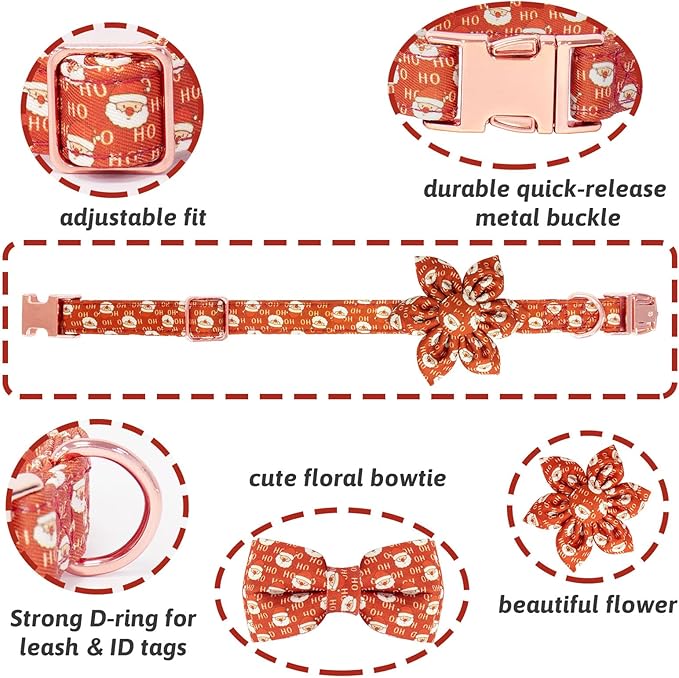 Christmas Dog Collar and Leash Set Girls Adjustable Puppy Collars with Christmas Bow Tie for Small Medium Large Female Dogs, Red Santa Claus, M
