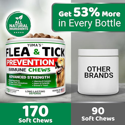 Flea and Tick Prevention for Dogs Chewables - 170 Treats - Natural Dog Flea and Tick Treatment Chewable Supplement - Oral Pills - All Breeds & Ages - Soft Chews - Made in USA - Bacon Flavor
