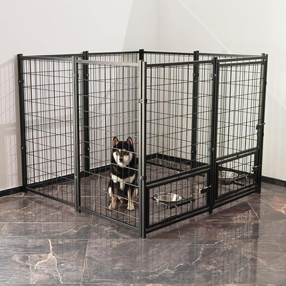 Dog Kennel Outdoor 4.5 x4.5 x4.9 ft with Roof and Rotating Bowl Holders, Large Metal Dog Enclosure, Heavy Duty Dog House Built with Robust 4mm Diameter Wire (4.5'L x 4.5'W x 4.9'H)