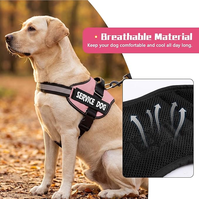 MUMUPET Service Dog Harness, No Pull Reflective Adjustable Vest with Handle, Soft Breathable Padding for Large Dogs, 2 Removable Velcro Patches (Pink, XXL)