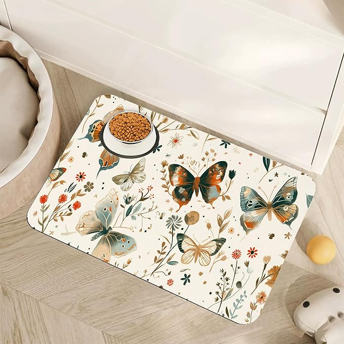 Butterfly Dog Food Mat for Floors,Boho Garden Vintage Absorbent Pet Food and Water Bowl Mats,Non-Slip Pet Feeding Mat,Pet Supplies 16" x 24"