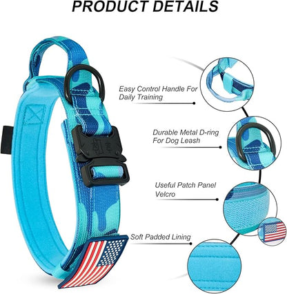 Hotsky Tactical Dog Collar, Adjustable Military Training Nylon Airtag Collar with Handle and Heavy Duty Metal Buckle for Medium Large Dogs, with Airtag Holder and Two Patches（Blue Camo,XL）