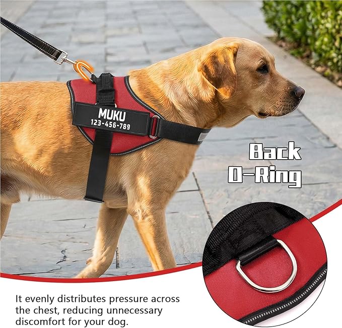 MUMUPET Custom Dog Harness Vest with 2 Personalized Name & Phone Patches, No Pull Reflective Adjustable with Handle, Soft Breathable Padding for Large Dogs (Red, L)