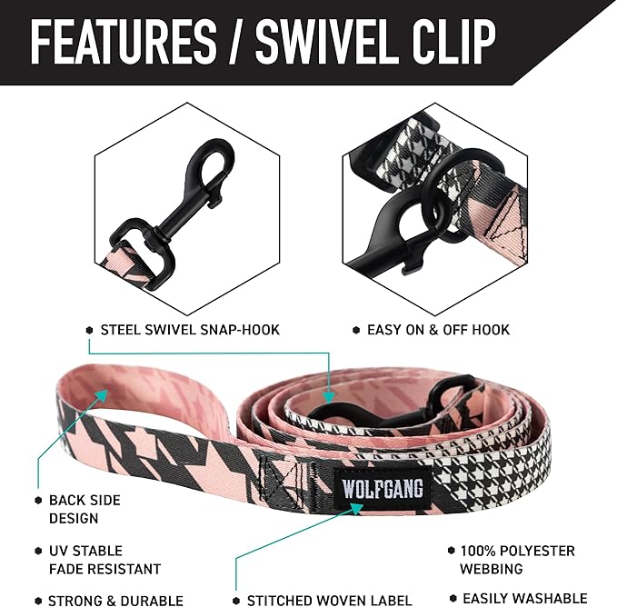 Wolfgang Heavy Duty Dog Leash, Pull-Tested for Walking & Training, HoundsPink Print, Small