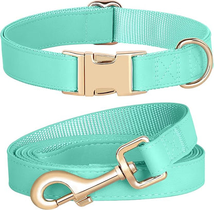 PET ARTIST Soft PU Leather Dog Collar and Leash Set, Bright & Stylish 5FT PU Leather Leash and Collar Set, Durable Pet Collars with Quick Release Metal Buckle for Medium Dogs,Mint Green,M(13-19")