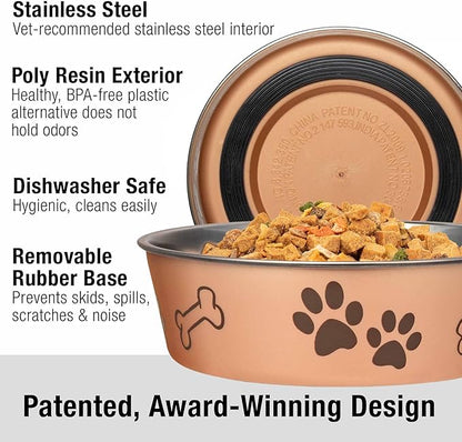 Loving Pets Bella Dog Bowls- Stainless Steel Dog & Cat Bowls - Spill Proof Dog Food Bowl, Cat Bowl, Puppy Essentials & Pet Supplies Great for Home & Travel (X-Large 65-100lbs, Champagne)