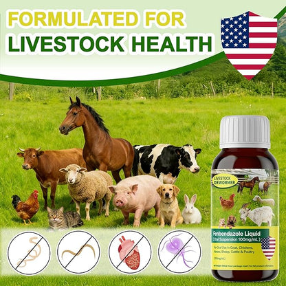 Dewormer for Goat, Chickens, Horses, Sheep, Poultry & More, Fenbendazole for All Wormers, Tapeworms, Roundworms & Hookworms, 100 ml