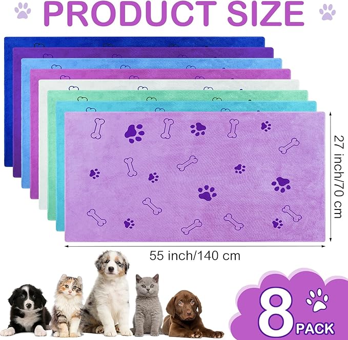 Chumia 8 Pcs Dog Towels for Drying Dogs Cats Pet Towels Bulk Puppy Microfiber Fast Drying Paw Bath Bathing Supplies Absorbent for Medium Pets(55 x 28 Inch,Dog Paw and Bone,Classic Color)