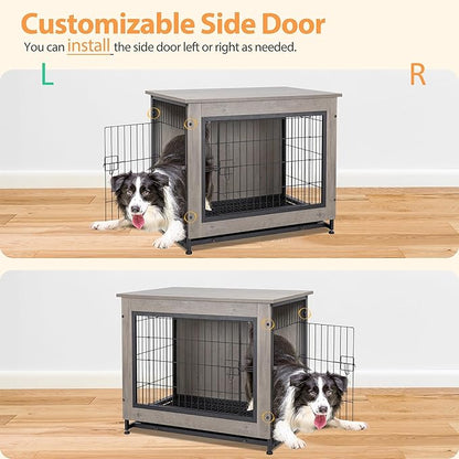 Shintenchi Wooden Dog Crate Furniture for Large Breed, L Double-Door Kennel Indoor with Removable Tray, End Table L Dog Crate for Decoration, 38.6" L, Grey
