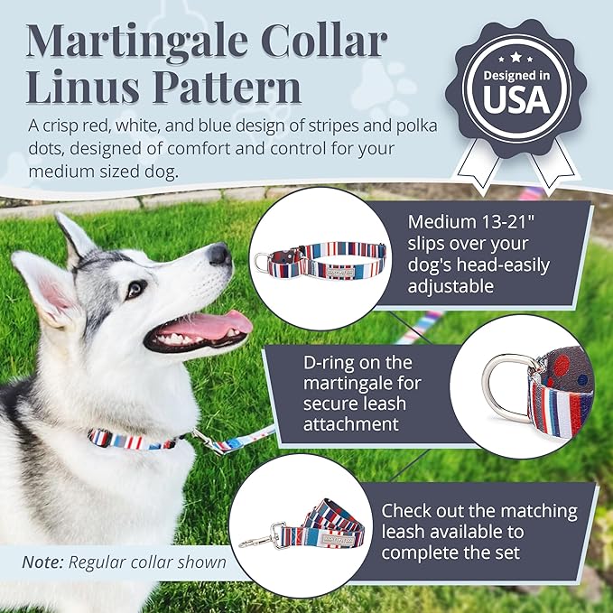 Lucky Love Dog - Adjustable Dog Collar with Easy Click Buckle for Medium, Durable, & Comfortable for Male & Female Dogs, Pet Collar for Puppies & Adult Dogs - Linus Martingale, Medium