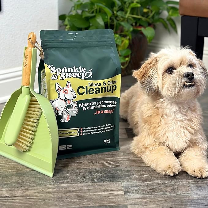 Sprinkle & Sweep: Pet Mess & Odor Cleanup Duo - 15oz Bag & Dustpan Broom - Dog Accident Clumping Powder, Remove Urine-Poop-Vomit from Hard Services