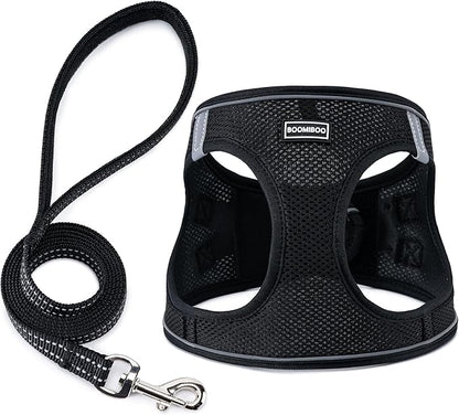 BOOMIBOO Dog Harness with Leash Set, No Pull Adjustable Reflective Step-in Puppy Pet Vest Harnesses for Small Medium Large Dogs and Cats,Black S
