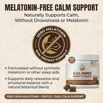Bacon Calming Bites for Dogs - Separation Anxiety Relief & Stress Support - Hemp Calming Treats for Dogs - No Melatonin - 120 Bacon Flavor Soft Chews