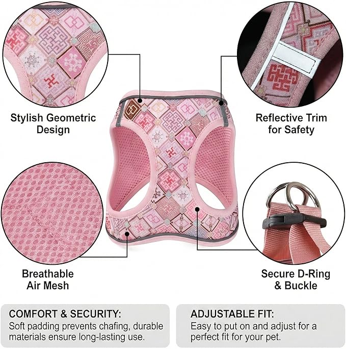 Mihqy Step in Dog Harness and Leash Set, Reflective Adjustable No Pull Dog Harness for Extra-Small/Small Dogs Puppy and Cats, Soft Padded Mesh Vest Harnesses for Girl and Boy Pets(Pink Grid,S)