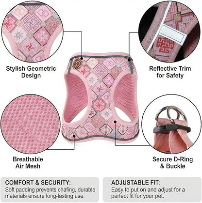 Mihqy Step in Dog Harness and Leash Set, Reflective Adjustable No Pull Dog Harness for Small Medium Dogs Puppy and Cats, Soft Padded Mesh Vest Harnesses for Girl and Boy Pets(Pink Grid,M)